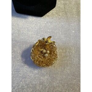 Wire Birds Nest with Faux Pearl Eggs Brooch Vintage Gold Tone Pin